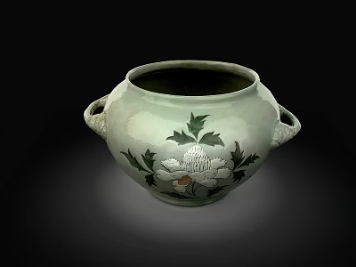 Traditional Ceramic Jar With Two Handles And Floral Leaf Patterns 3d model