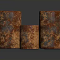Four Rusty Metal Barrels With Different Sizes Industrial Storage Equipment Weathered Surfaces