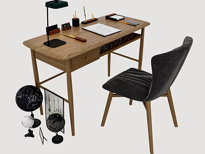 Modern Interior Wooden Desk with Black Chair Table Lamp Stationery and Globe 3d model