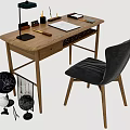 Modern Interior Wooden Desk with Black Chair Table Lamp Stationery and Globe