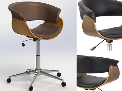 Adjustable Brown Black Leather Office Chair With Wooden Frame Metal Base And Wheels 3d model