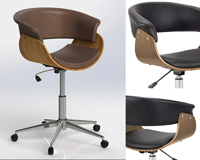Adjustable Brown Black Leather Office Chair With Wooden Frame Metal Base And Wheels 3d model