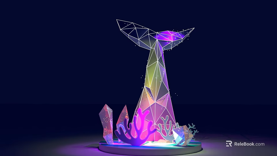 Illuminated Geometric Whale Tail Sculpture With Colorful Lights Crystals And Decorative Corals 3d model 