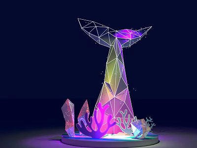 Illuminated Geometric Whale Tail Sculpture With Colorful Lights Crystals And Decorative Corals 3d model