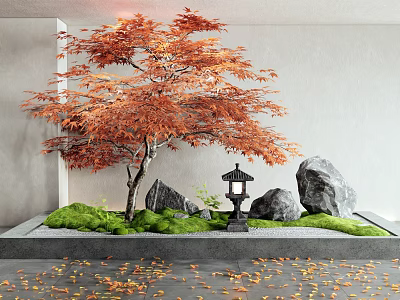 Indoor Japanese Zen Landscape With Red Maple Tree Stones Lantern And Green Moss 3d model