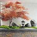 Indoor Japanese Zen Landscape With Red Maple Tree Stones Lantern And Green Moss