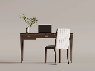 Stylish Wooden Desk Setup With Laptop Vase Plant And White Quilted Chair 3d model