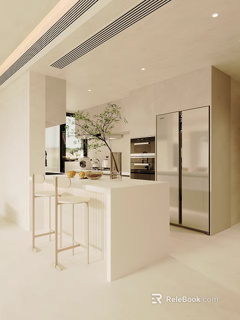 Warm Cream Style Open Dining And Living Space With Central Island Bar Stools And Appliances 3d model 