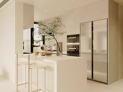 Warm Cream Style Open Dining And Living Space With Central Island Bar Stools And Appliances 3d model