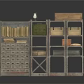 Vintage Storage Furniture With Drawer Cabinet Open Shelves Lantern And Wooden Boxes