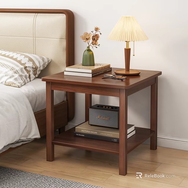 Two Tiered Walnut Nightstand with Table Lamp Vase Flowers Books and Eyeglasses in Cozy Bedroom 3d model 