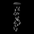 Elegant Modern Multiple Chandeliers With Curved White Shades Hanging In Dark Background Emitting Warm Light