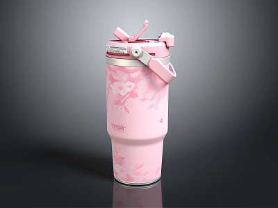 Pink Insulated Thermal Mug With Cartoon Pattern Straw And Lid Design 3d model