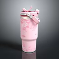 Pink Insulated Thermal Mug With Cartoon Pattern Straw And Lid Design