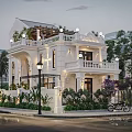 Luxurious Villa Garden Landscape Design With Courtyard Green Plants And Roof Terrace Lighting