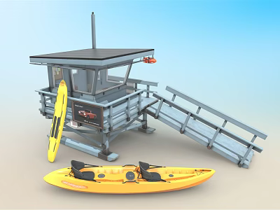 Sports Equipment Including Yellow Kayak And Stand Up Paddleboard Near Lifeguard Tower 3d model