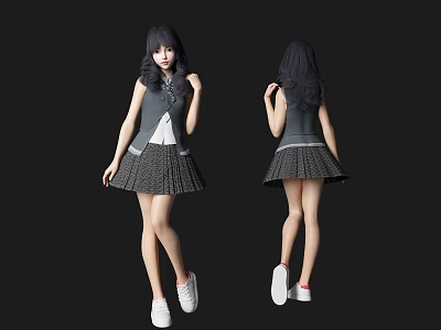 Woman In Gray Sleeveless Top White Undershirt Plaid Skirt And White Sneakers Front Back View 3d model