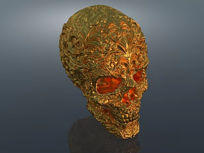 Golden Skull Themed Decorative Ornament Set With Intricate Carvings And Red Eyes 3d model