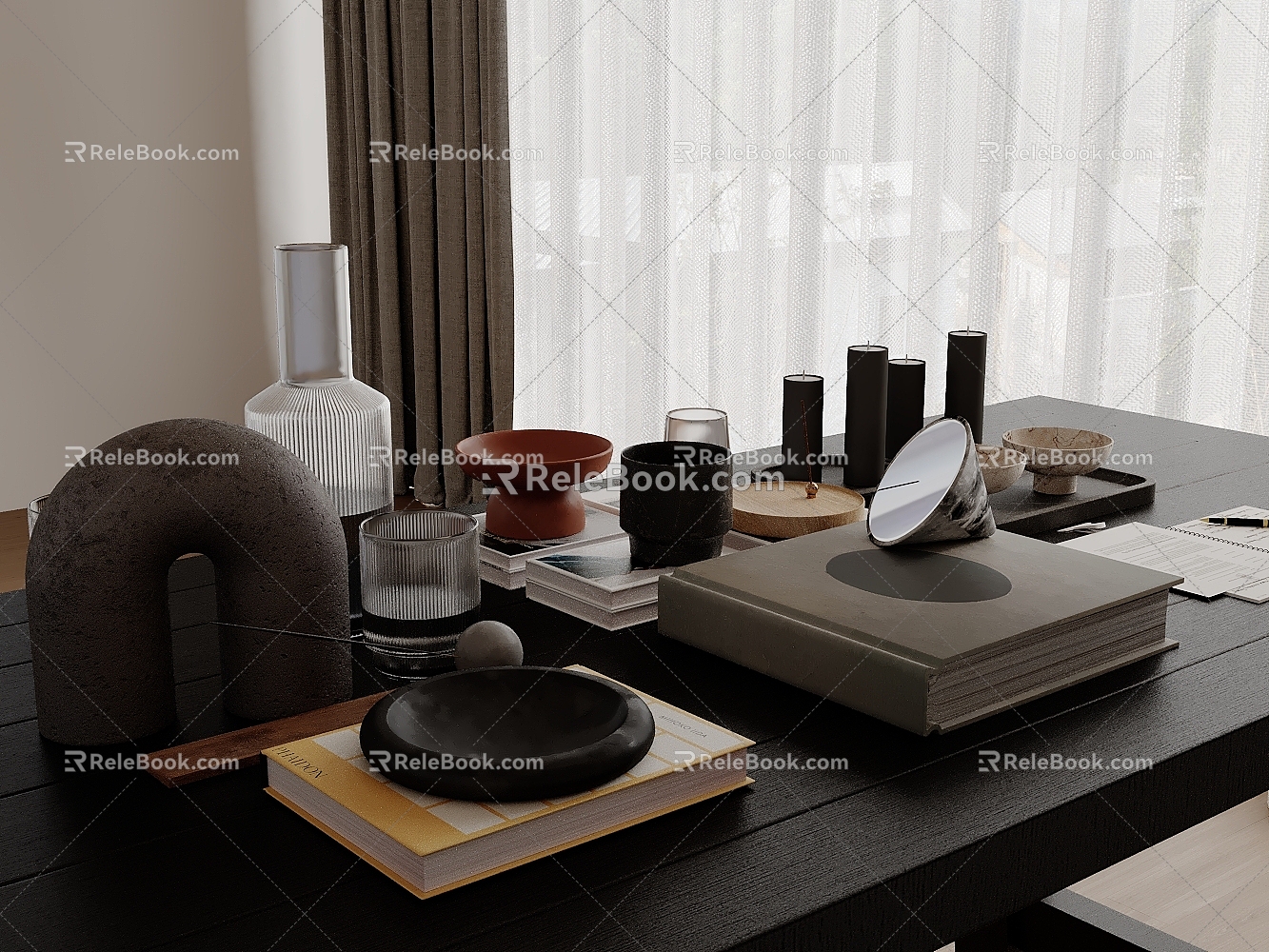 Modern Table Ornaments Wine Set Candle Plate Books 3d model