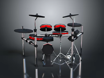 Electronic Drum Set With Black Red Design And Adjustable Stands For Home Use 3d model