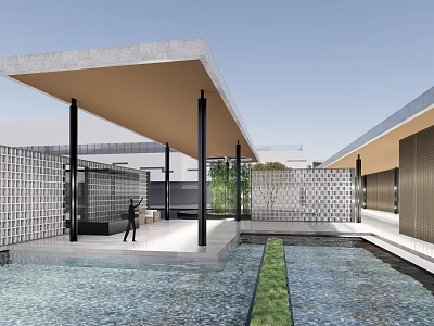 Modern Storefront Design With Concrete Roof Black Pillars Perforated Walls Water Pool And Green Plants 3d model