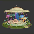 Whimsical Carousel Structure With White Canopy Colorful Decorations Pink Blue Rotating Elements And Green Grass