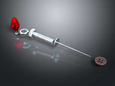 Household Living Supplies With Red Lamp Head Silver Syringe And Brown Button 3d model