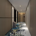 Long Hotel Corridor With Wooden Walls Large Windows City View And Patterned Carpet Ceiling Lights
