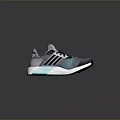 Stylish Gray And Blue Knit Upper Sneakers With Three Stripe Detail And White Sole