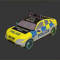 Yellow And Blue Police Car With Emergency Services Sign Flashing Lights And Black Wheels