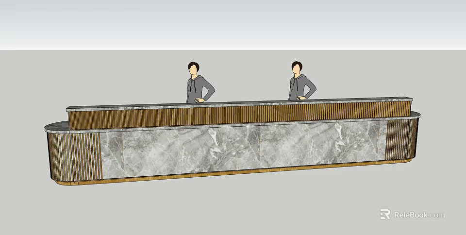 Elegant Reception Desk With Marble Countertop And Gold Trim Staff Standing 3d model 
