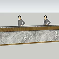 Elegant Reception Desk With Marble Countertop And Gold Trim Staff Standing