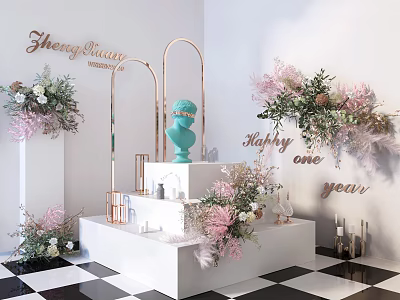 Sheng Luwei One Year Celebration Setup With Floral Decor White Steps Green Statue Decorative Arch 3d model