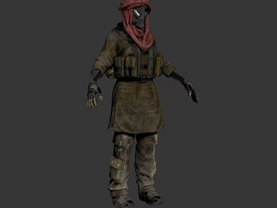 Game Movie Character With Red Headscarf Tactical Vest Long Robe Combat Gloves And Tactical Pants 3d model