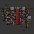Cartoon Castle Scene With Stone Walls Wooden Door Red Carpet Barrels And Stone Pillars