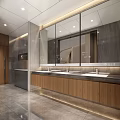 Modern Public Restroom Interior With Washbasins Mirrors Wooden Cabinets And Lighting