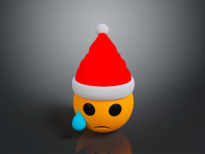 Yellow Crying Emoji Decorative Figurine With Red Santa Hat White Trim White Pom Pom And Blue Tear 3d model