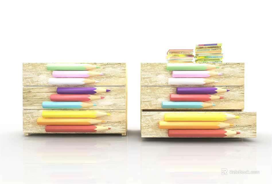 Colored Pencils Stacked In Wooden Drawers With Books On Top 3d model 
