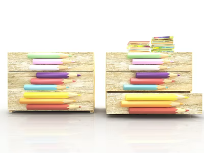 Colored Pencils Stacked In Wooden Drawers With Books On Top 3d model