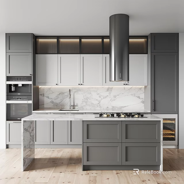 Modern Kitchen Interior Featuring Gray And White Cabinets Marble Countertop Central Island And Appliances 3d model 