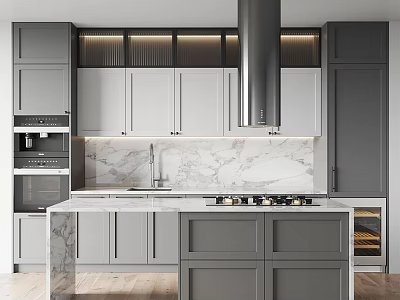 Modern Kitchen Interior Featuring Gray And White Cabinets Marble Countertop Central Island And Appliances 3d model