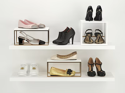 Various Women Shoes Displayed on White Shelves with High Heels Flats and Colorful Styles 3d model