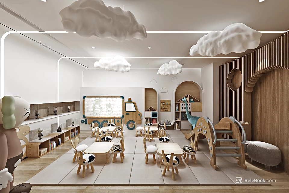 Bright Kindergarten Interior With Cloud Decor Play Equipment And Tables 3d model