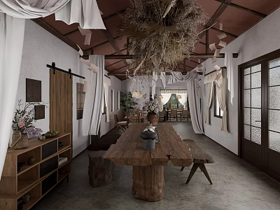 Rustic Restaurant Interior Featuring Wooden Long Table Log Stools Straw Chandelier And White Curtains 3d model