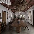 Rustic Restaurant Interior Featuring Wooden Long Table Log Stools Straw Chandelier And White Curtains