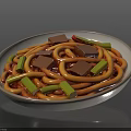 Silver Bowl With Orange Noodles Green Strips And Brown Cubes Dish
