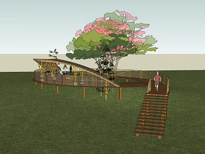 Scenic Outdoor Wooden Walkway With Large Tree And Grassy Area For Leisure Walks 3d model