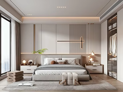 Modern Bedroom Interior Design With Bed Nightstands Hanging Lights Decorative Panels And Green Plant 3d model
