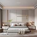 Modern Bedroom Interior Design With Bed Nightstands Hanging Lights Decorative Panels And Green Plant