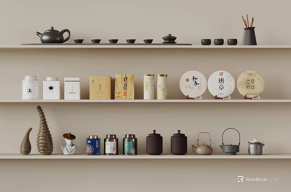 Traditional Tea Accessories Display On Shelves With Teapots Cups And Tea Cakes 3d model 